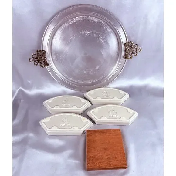 Pfaltzgraff Yorktowne 4 Piece Serving Dishes w/Metal Handled Tray & Wood Block - Picture 3 of 12